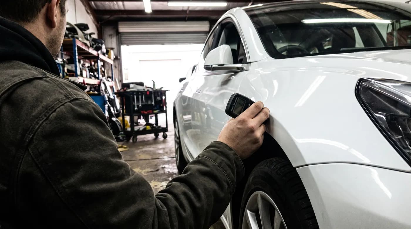 Lackschichtdickenmessung am Kotflügel eines Elektroautos in der Werkstatt